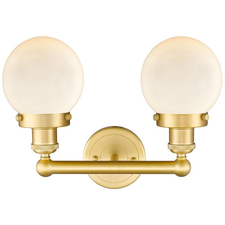 Image 2 Small Edison Beacon 15.5"W 2 Light Satin Gold Bath Light With White Sh more views