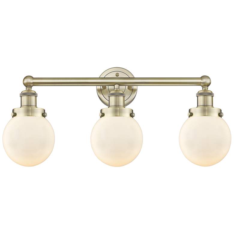 Image 1 Small Edison Beacon 24.5"W 3 Light Antique Brass Bath Light w/ White S