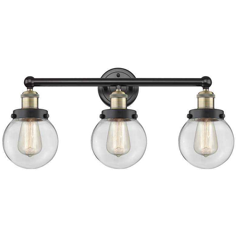 Image 1 Small Edison Beacon 24.5"W 3 Light Black Brass Bath Light With Clear S
