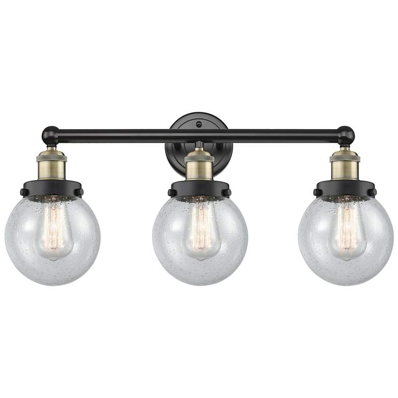 Image 1 Small Edison Beacon 24.5"W 3 Light Black Brass Bath Light With Seedy S