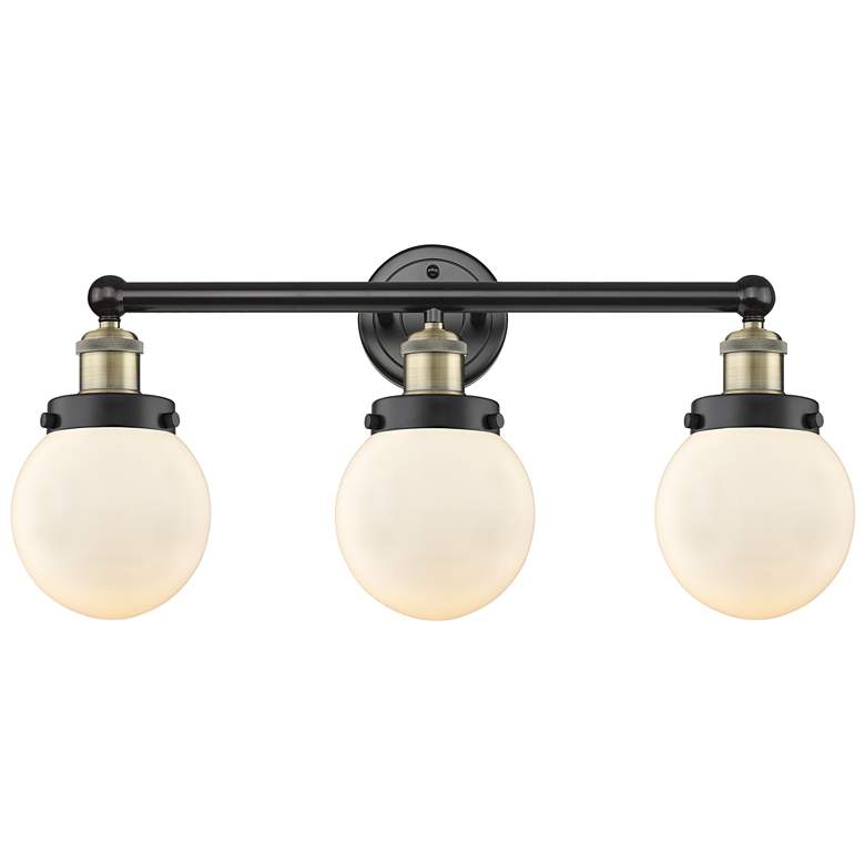 Image 1 Small Edison Beacon 24.5"W 3 Light Black Brass Bath Light With White S