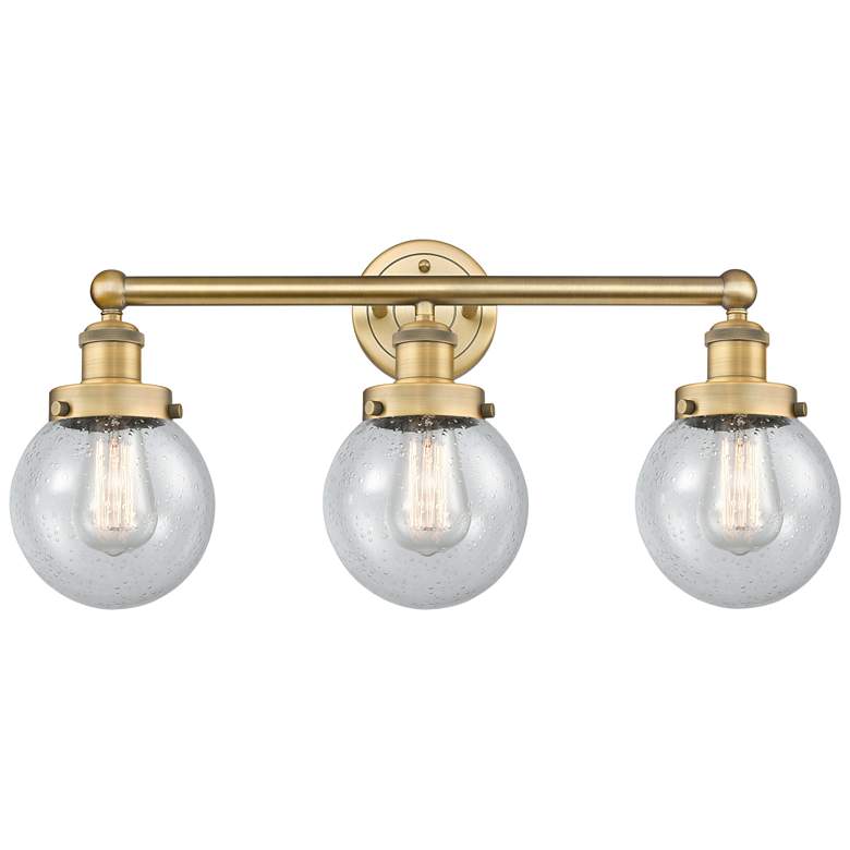 Image 1 Small Edison Beacon 24.5"W 3 Light Brushed Brass Bath Light w/ Seedy S