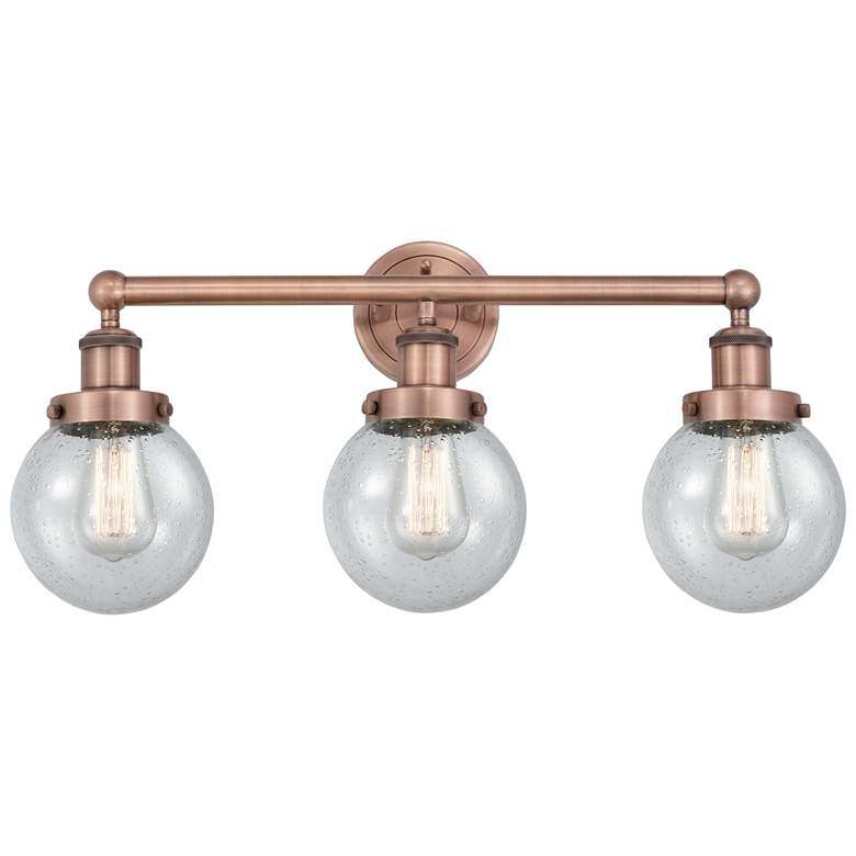 Image 1 Small Edison Beacon 24.5"W 3 Light Copper Bath Light With Seedy Shade