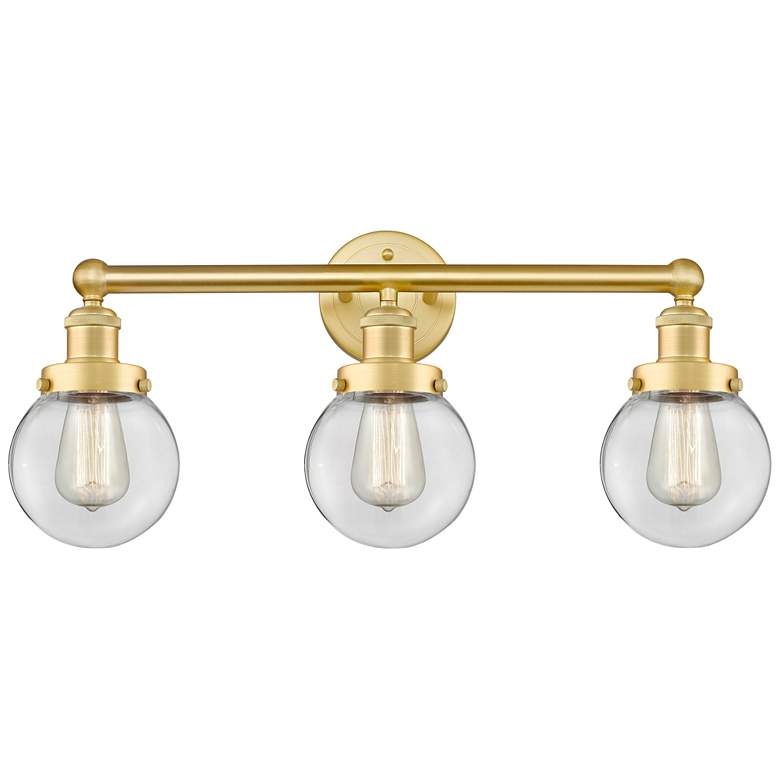 Image 1 Small Edison Beacon 24.5"W 3 Light Satin Gold Bath Light With Clear Sh