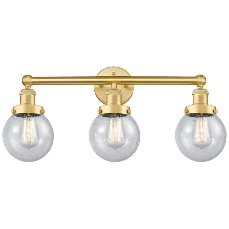 Image 1 Small Edison Beacon 24.5 inchW 3 Light Satin Gold Bath Light With Seedy Sh