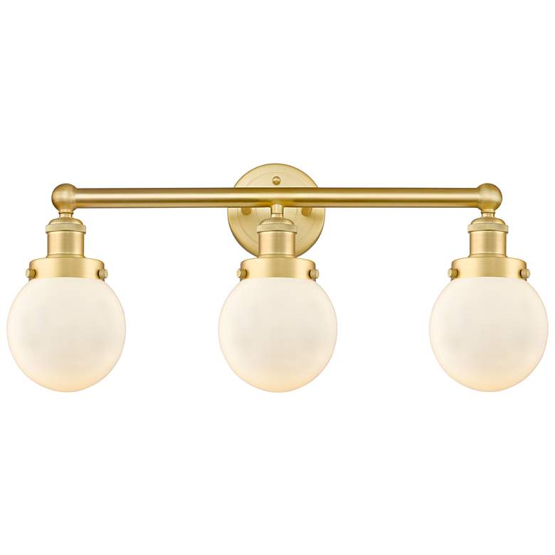 Image 1 Small Edison Beacon 24.5 inchW 3 Light Satin Gold Bath Light With White Sh