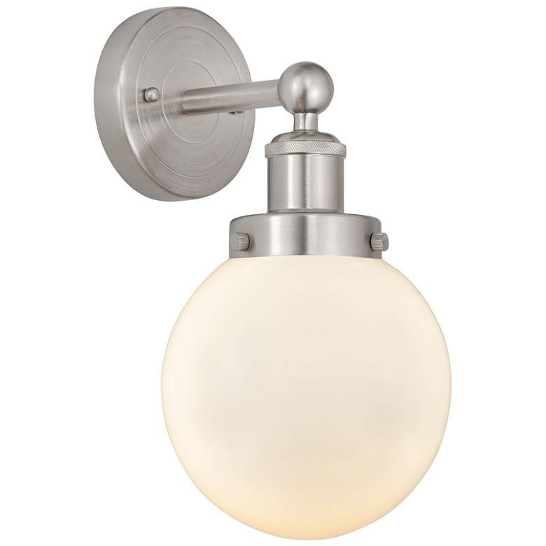 Image 1 Small Edison Beacon 7 inch Brushed Satin Nickel Sconce w/ Matte White Shad