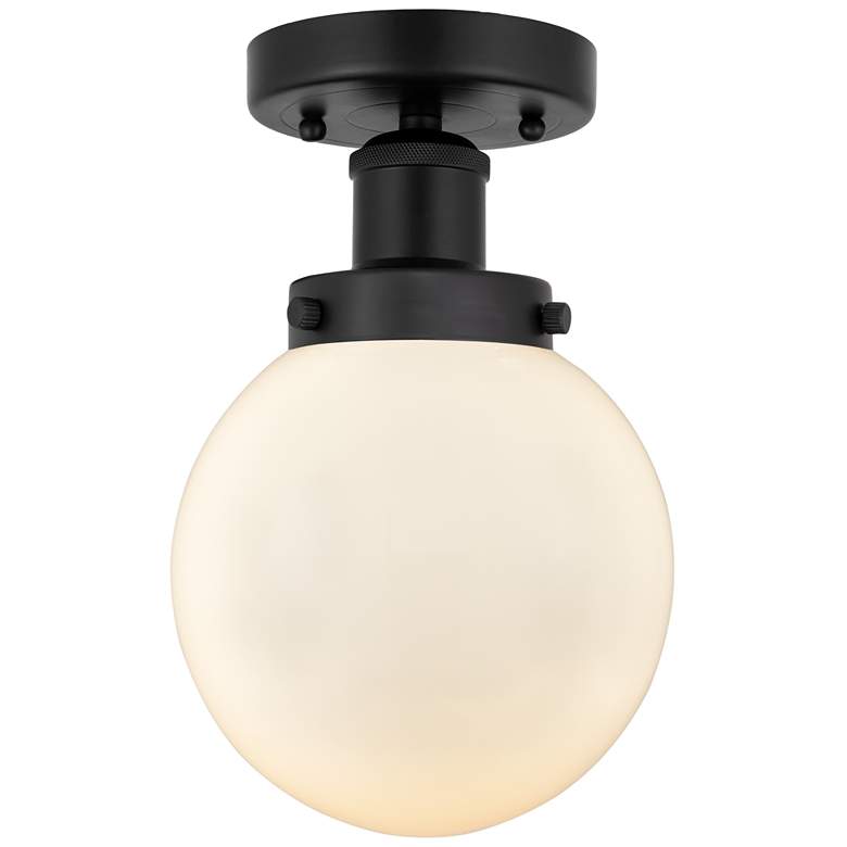 Image 1 Small Edison Beacon 7" Matte Black Semi Flush Mount w/ Matte White Sha