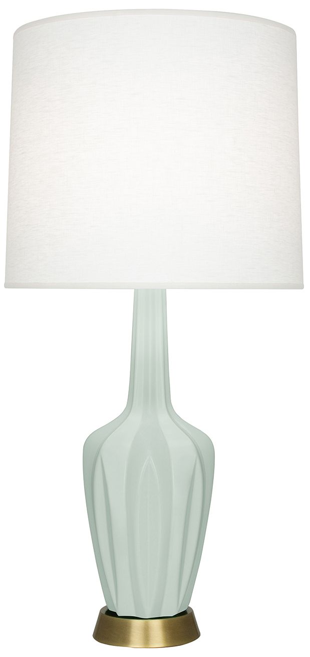 Small Emma 30" High Matte Celadon Brass Accent Lamp with Off White Shade