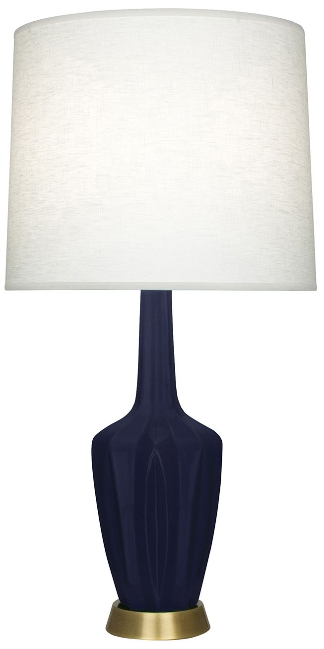 Small Emma 30"H Matte Dark Blue Brass Lamp w/Off Whitede Made to Order