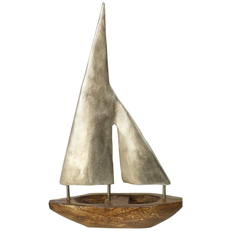 Image 1 Small Pewter Sails Natural Stained Wood Base Boat Sculpture