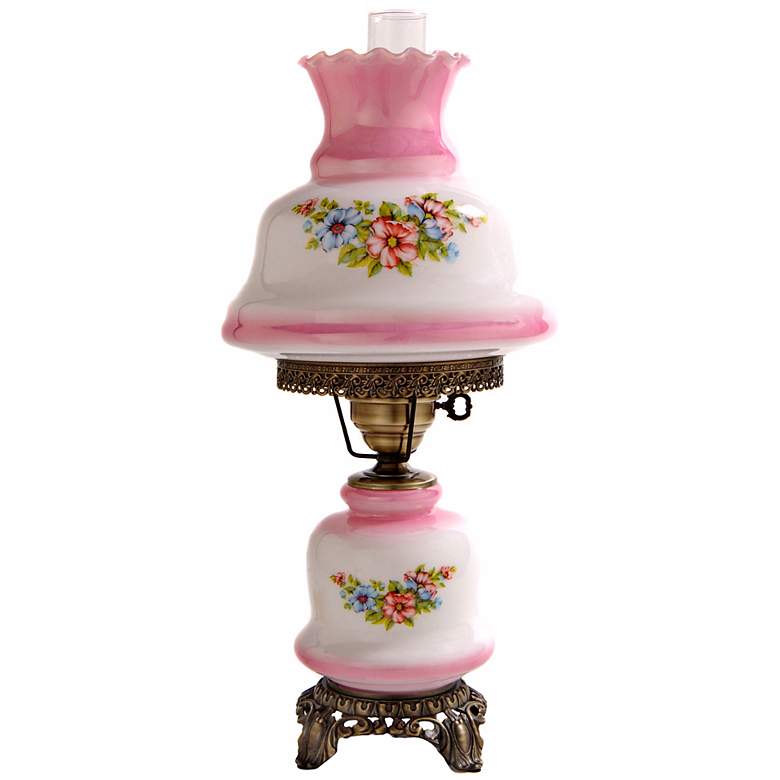 Image 1 Small Pink Tint Floral Night Light Hurricane Table Lamp