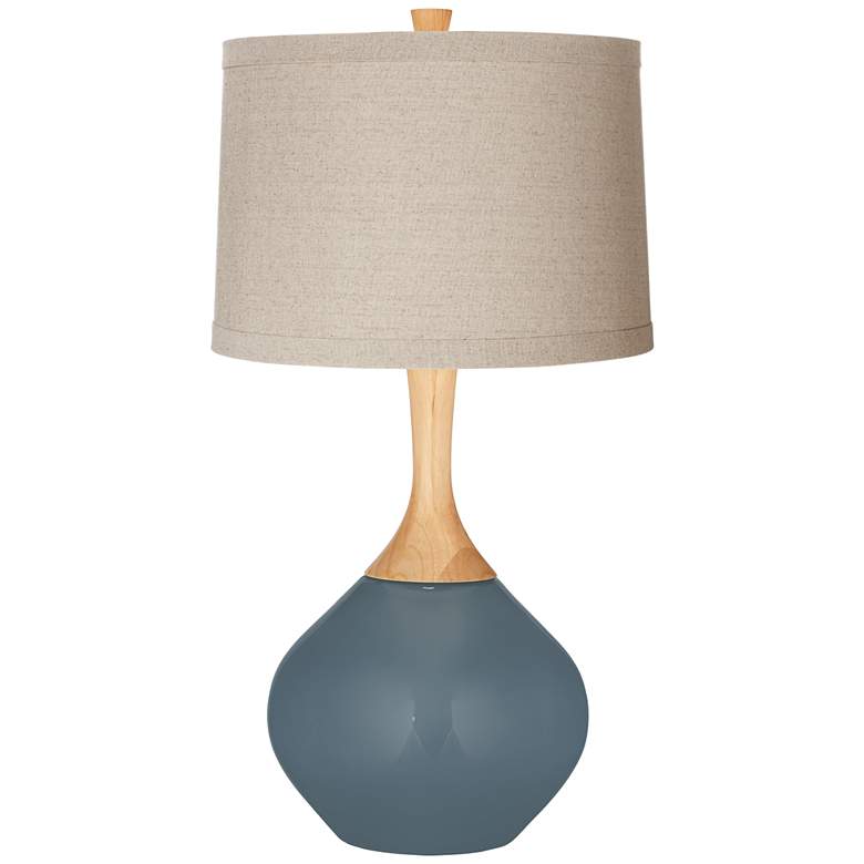Image 1 Smoky Blue Natural Linen Drum Shade Wexler Table Lamp
