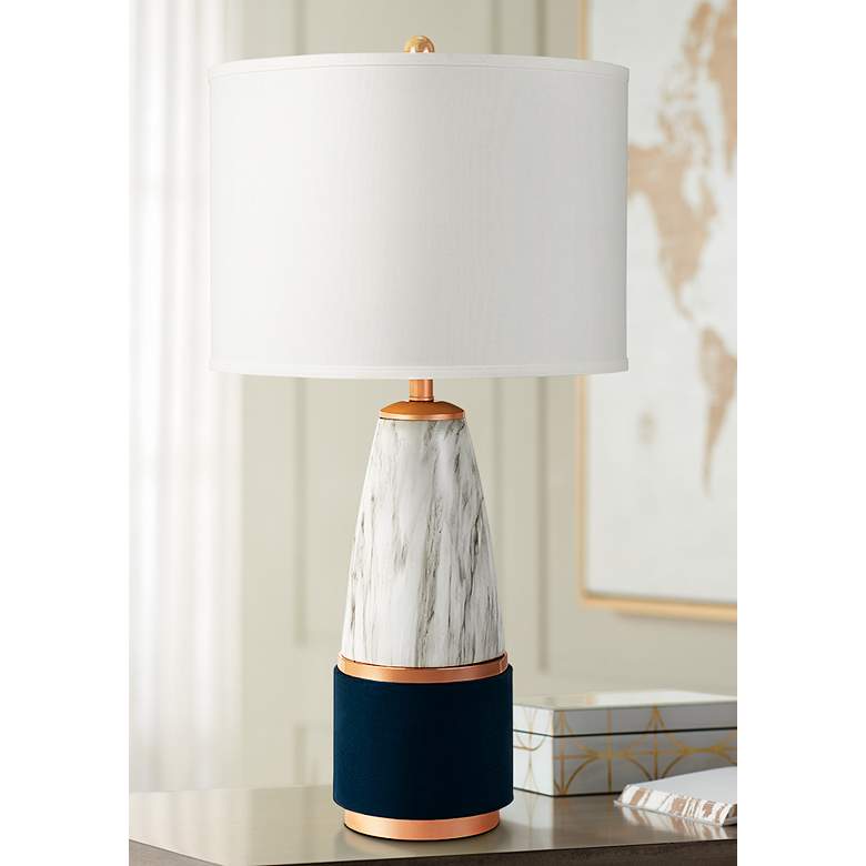 Image 1 Smooth Resin Faux Marble and Blue Suede LED Table Lamp