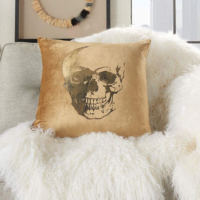 Image 1 Sofia Beige Gold Metallic Skull 20 inch Square Throw Pillow