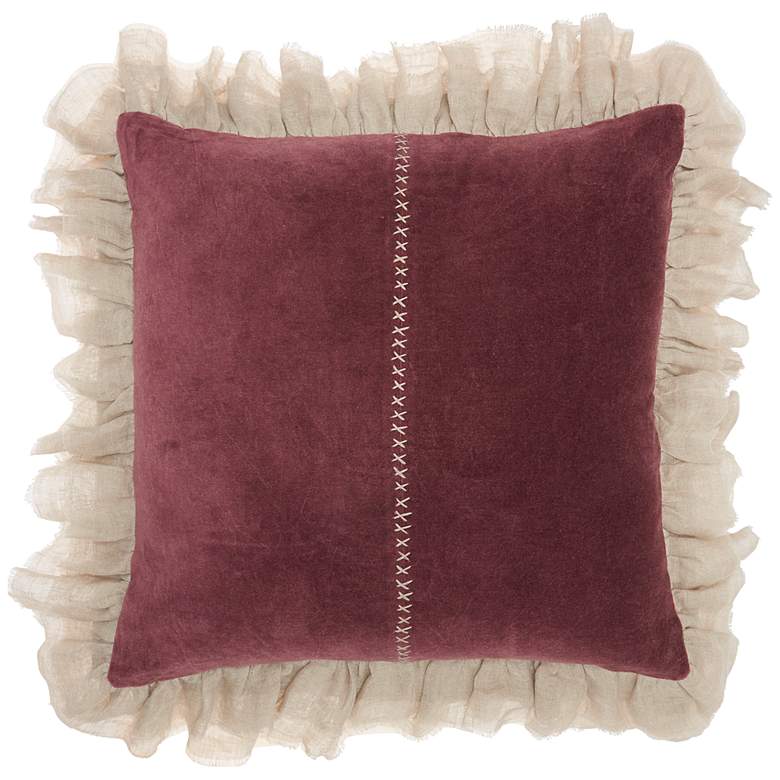 Image 2 Sofia Burgundy Stitch Velvet Frills 22 inch Square Throw Pillow