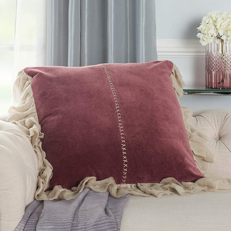Image 1 Sofia Burgundy Stitch Velvet Frills 22 inch Square Throw Pillow