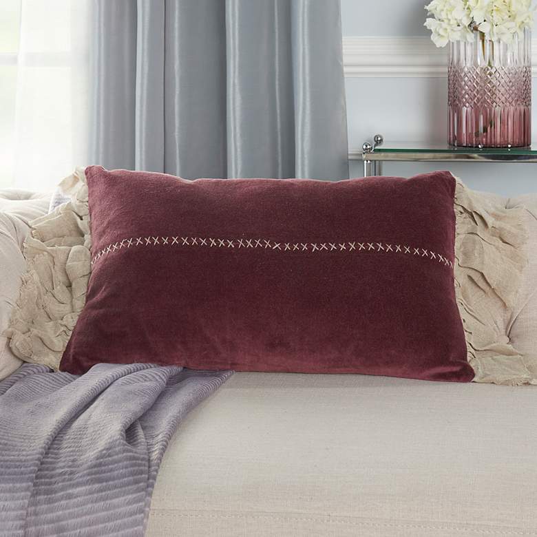 Image 1 Sofia Burgundy Stitch Velvet Frills 22 inchx14 inch Throw Pillow