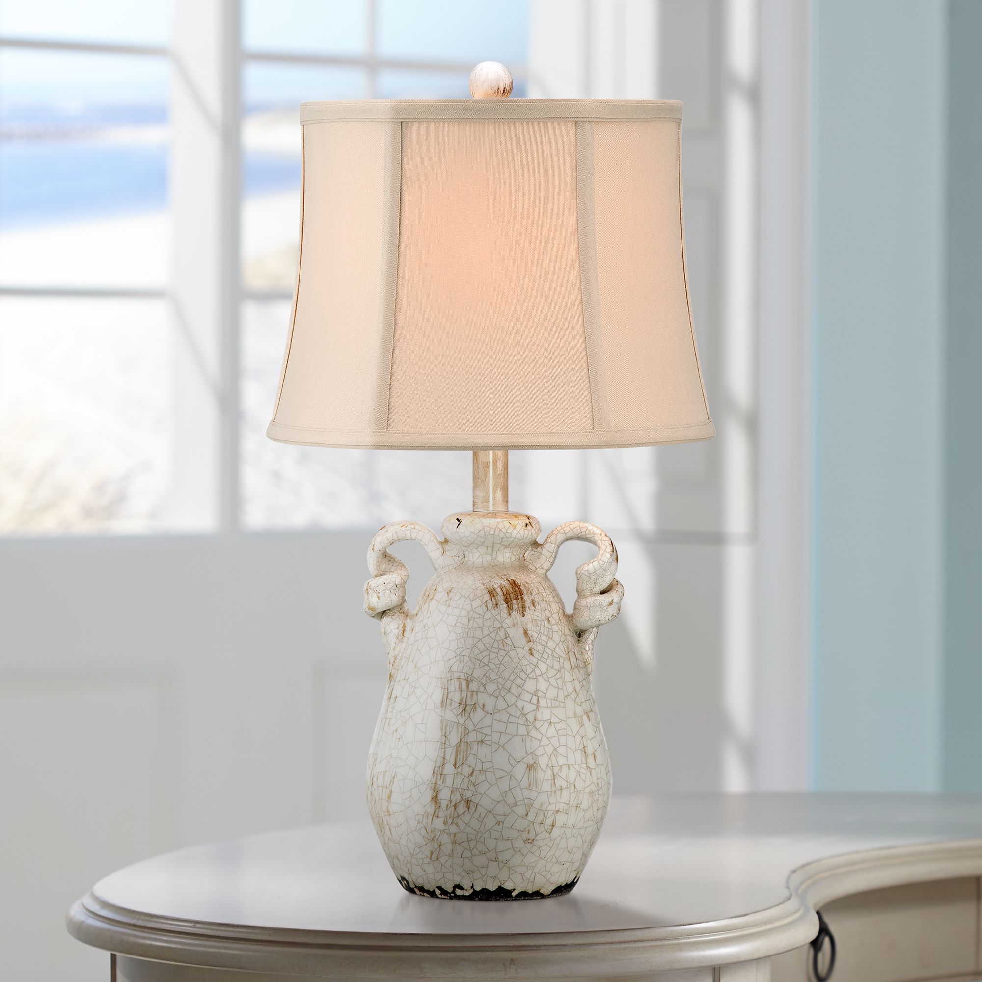 Sofia Crackled Ivory Rustic Jar with Handles Ceramic Table Lamp