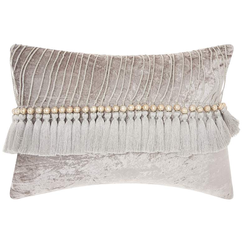 Image 1 Sofia Gray Velvet Tassels 20 inch x 14 inch Rectangular Throw Pillow