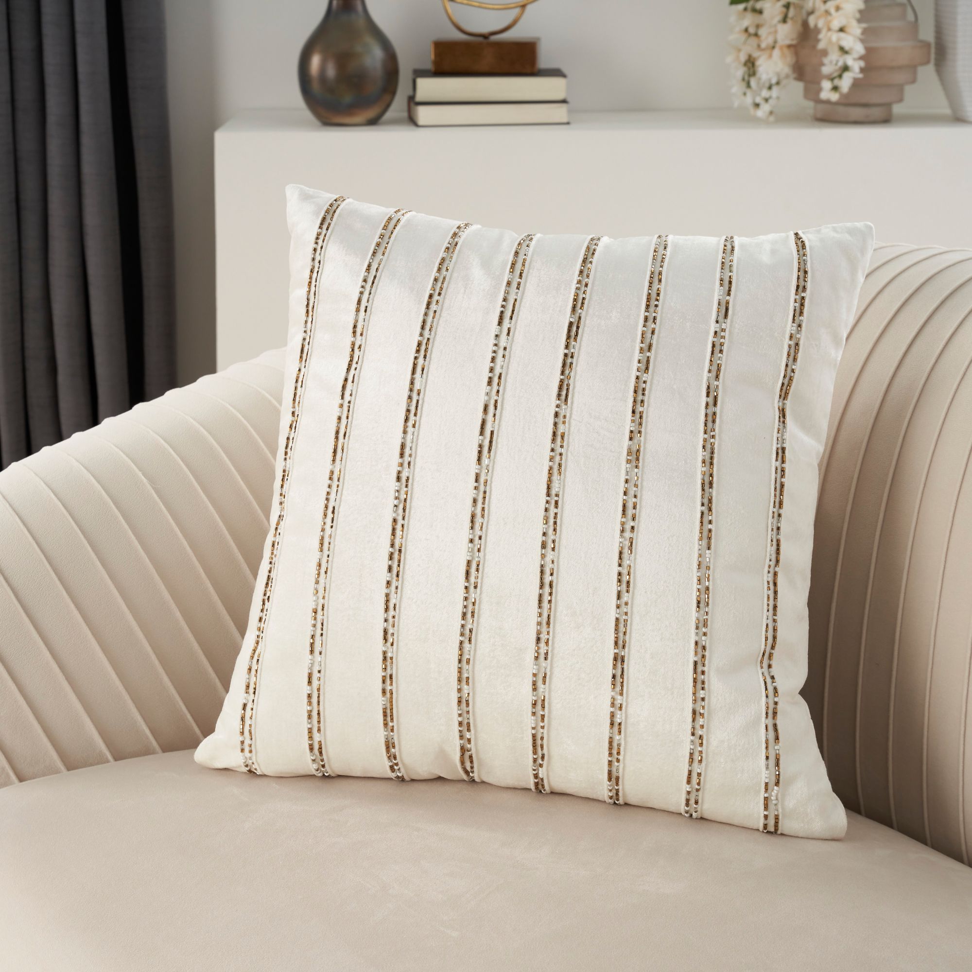 Sofia Ivory Beaded Stripes 20 Square Throw Pillow