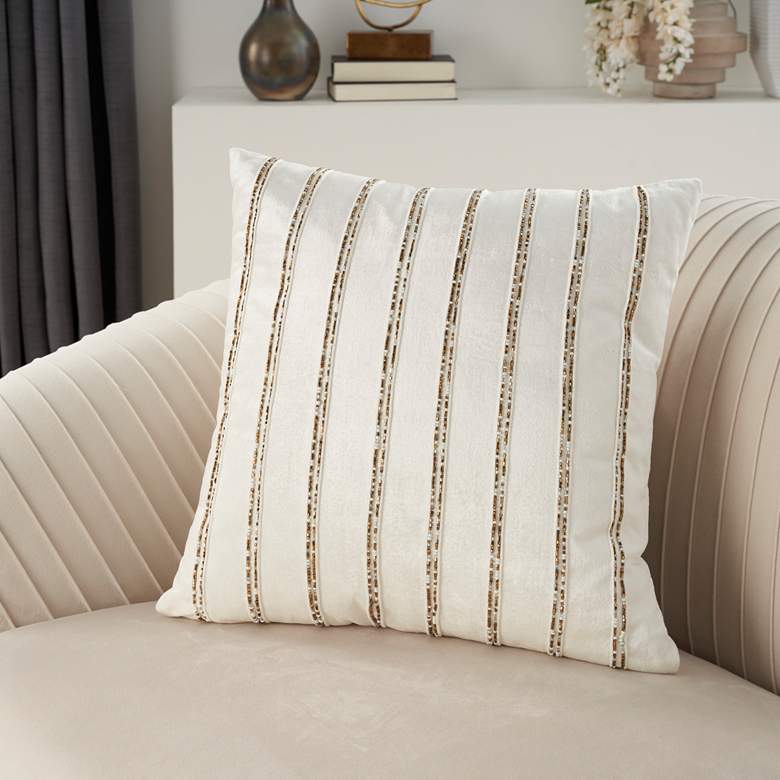 Sofia Ivory Beaded Stripes 20&quot; Square Throw Pillow