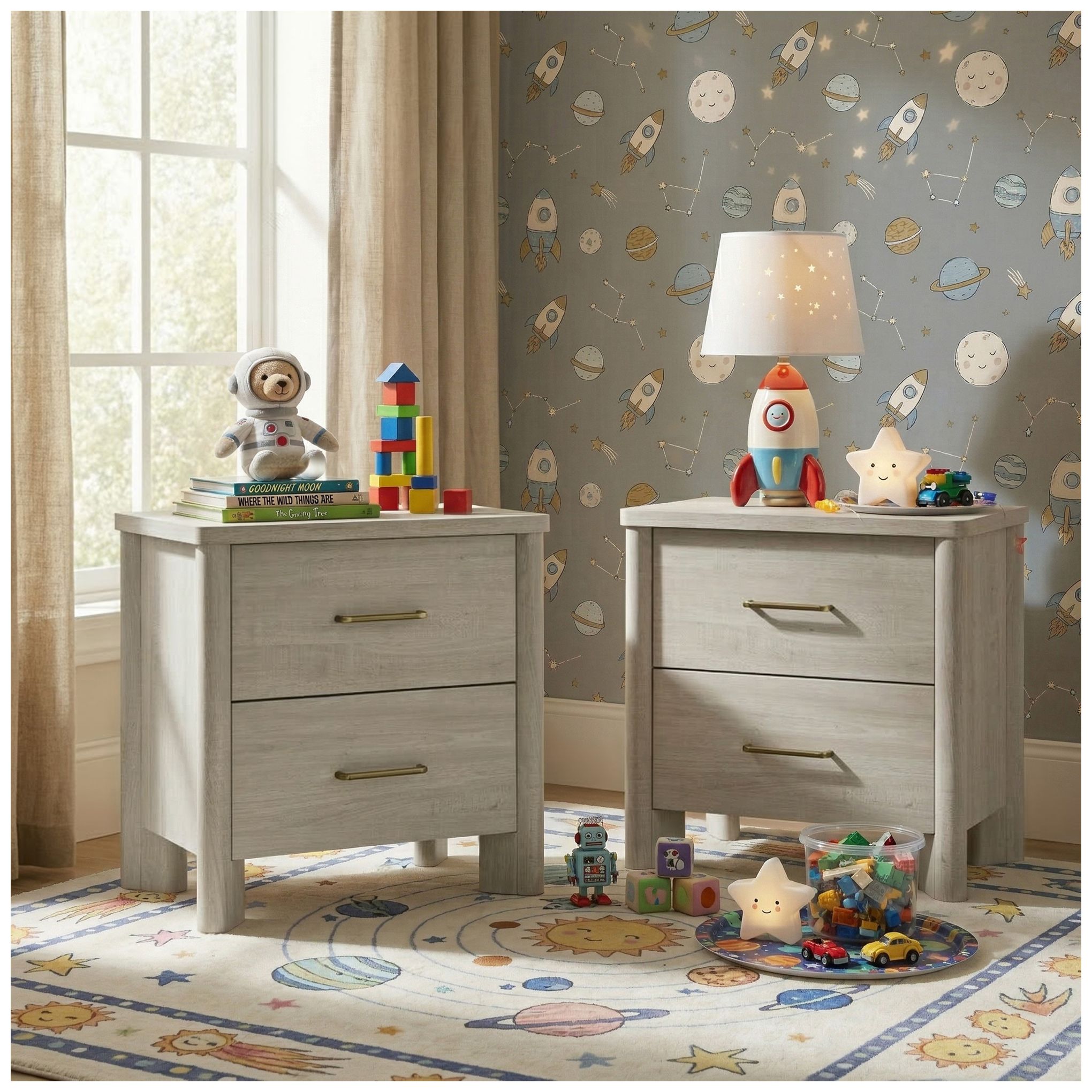 Image 2 Sofiya 23.4" Wide Beige Wood 2-Drawer Nightstand with USB Ports, Set of 2 more views