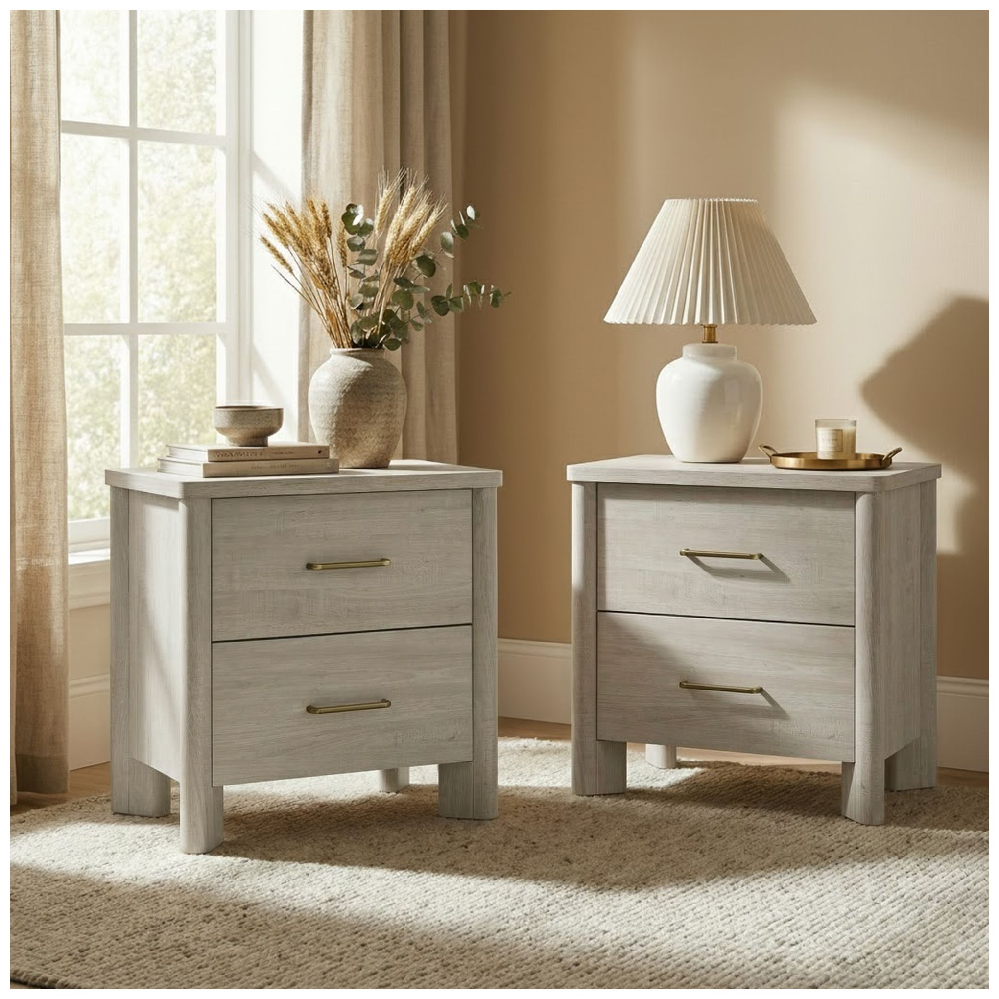 Image 3 Sofiya 23.4" Wide Beige Wood 2-Drawer Nightstand with USB Ports, Set of 2 more views