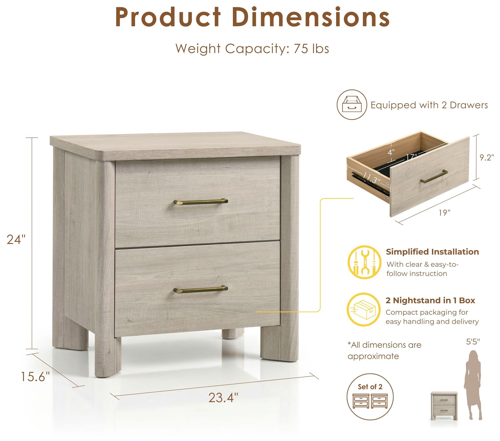 Image 4 Sofiya 23.4" Wide Beige Wood 2-Drawer Nightstand with USB Ports, Set of 2 more views
