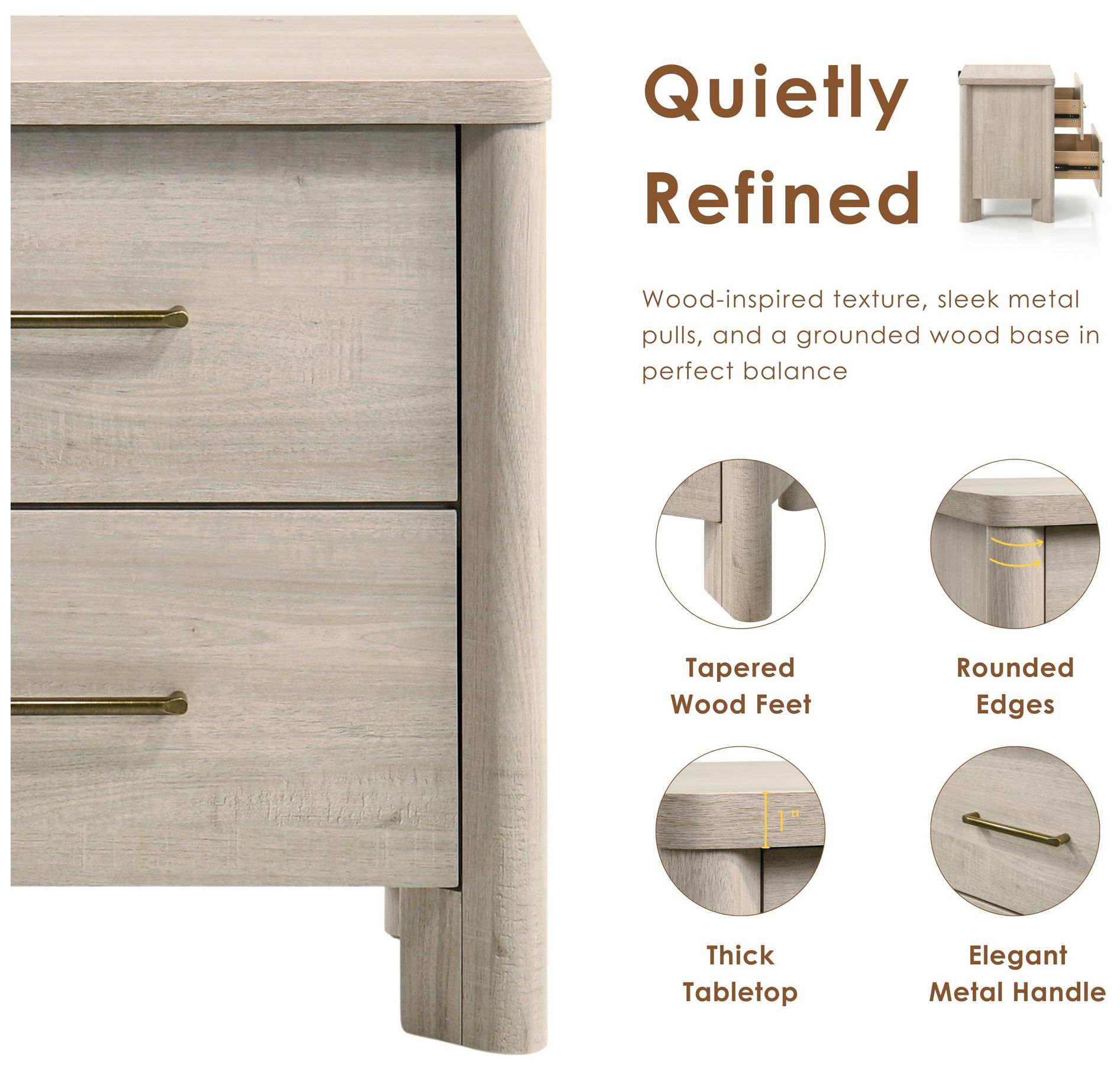 Image 6 Sofiya 23.4" Wide Beige Wood 2-Drawer Nightstand with USB Ports, Set of 2 more views