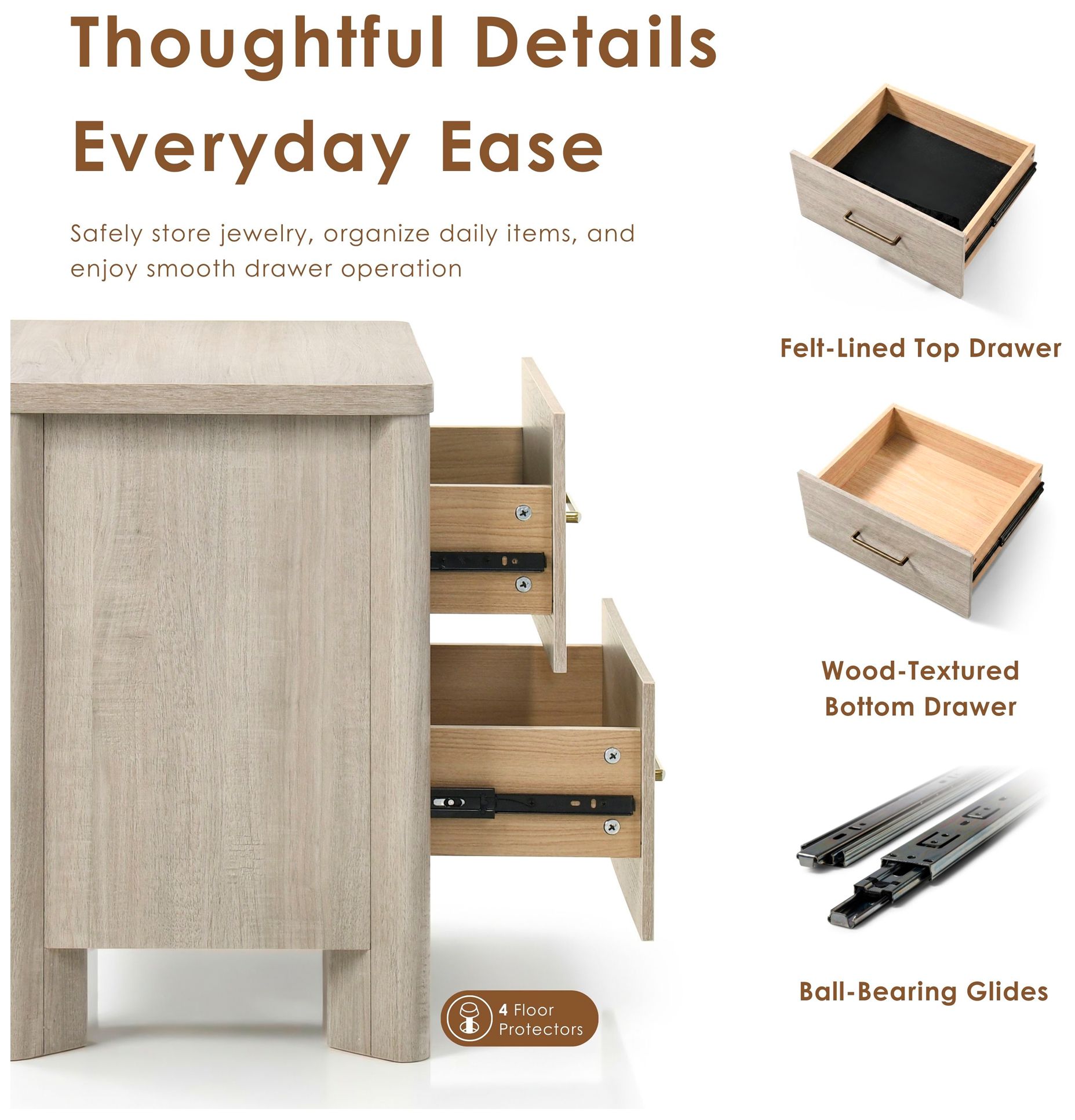 Image 7 Sofiya 23.4" Wide Beige Wood 2-Drawer Nightstand with USB Ports, Set of 2 more views
