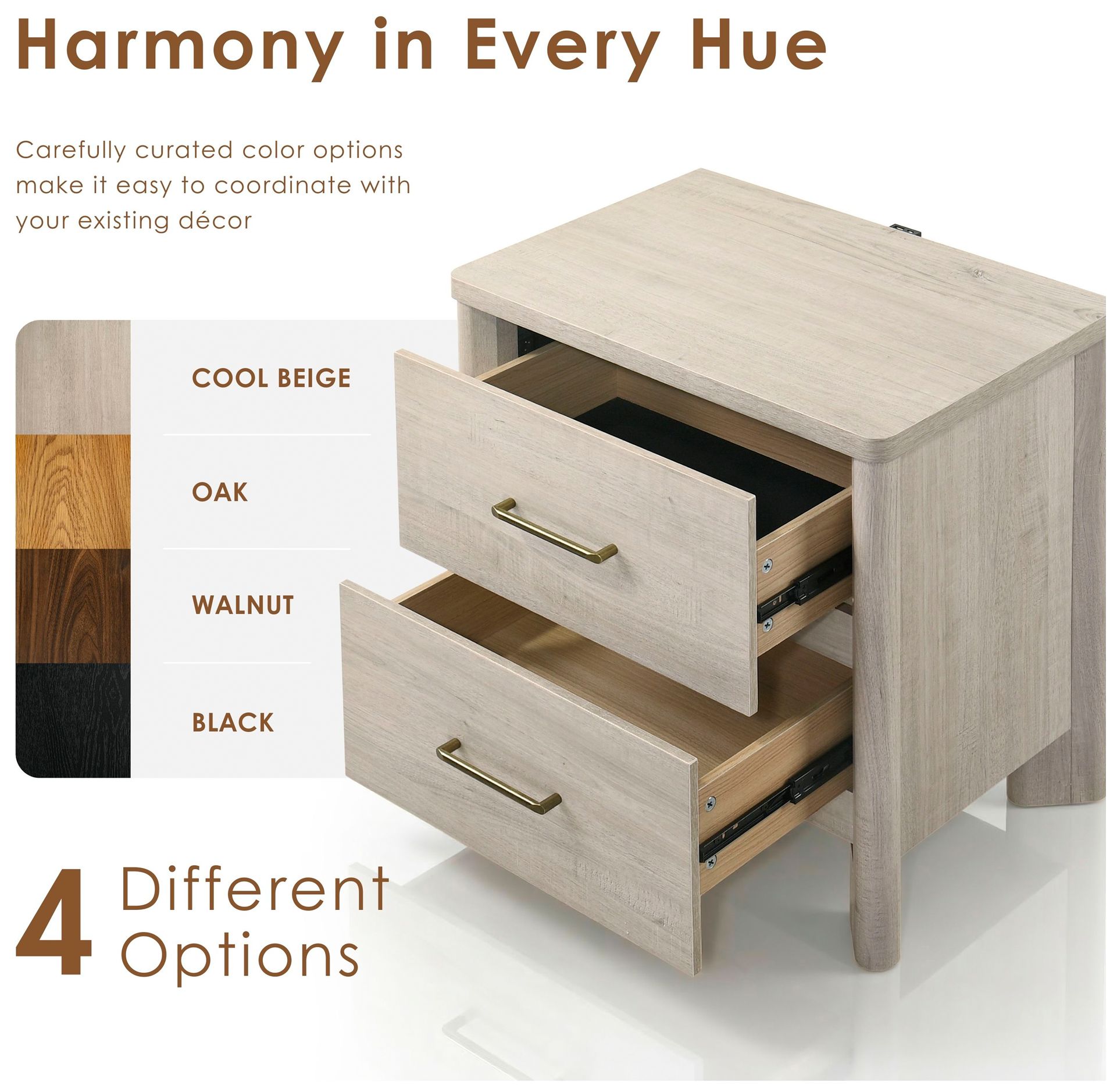 Sofiya 23.4" Wide Beige Wood 2-Drawer Nightstand with USB Ports, Set of 2