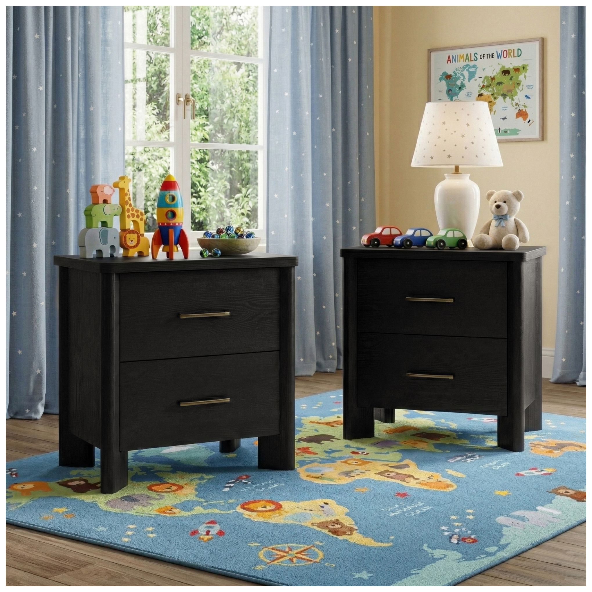 Thumbnail2 of Sofiya 23.4" Wide Black Wood 2-Drawer Nightstand with USB Ports, Set of 2 more views