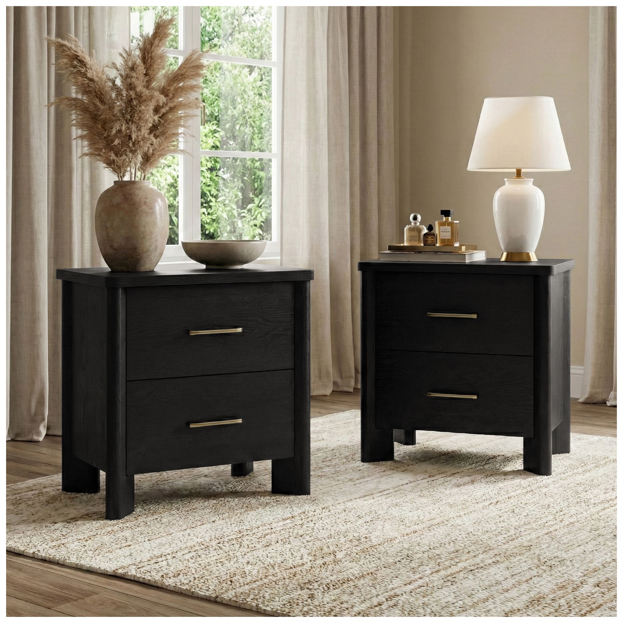 Thumbnail3 of Sofiya 23.4" Wide Black Wood 2-Drawer Nightstand with USB Ports, Set of 2 more views