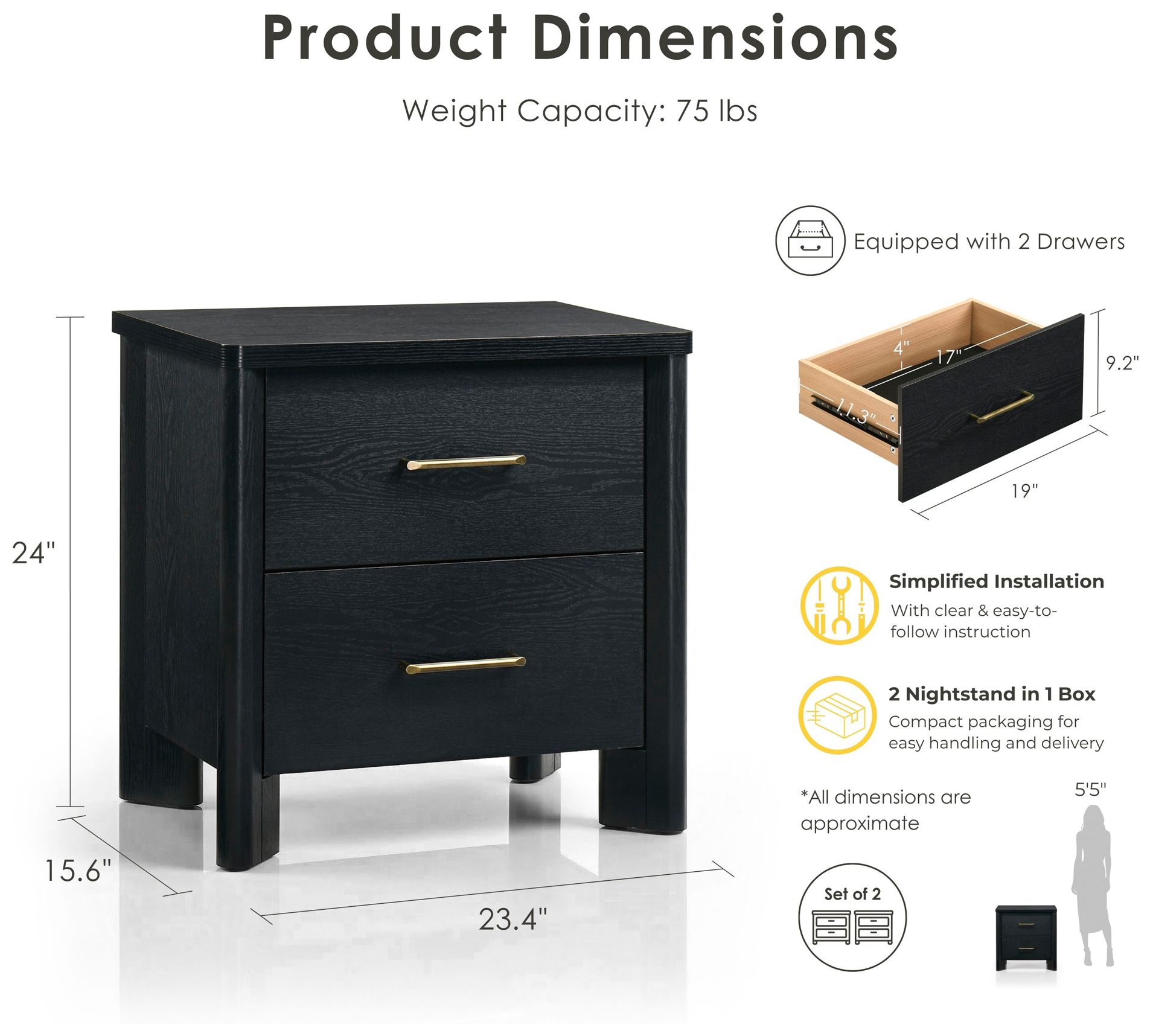 Thumbnail4 of Sofiya 23.4" Wide Black Wood 2-Drawer Nightstand with USB Ports, Set of 2 more views