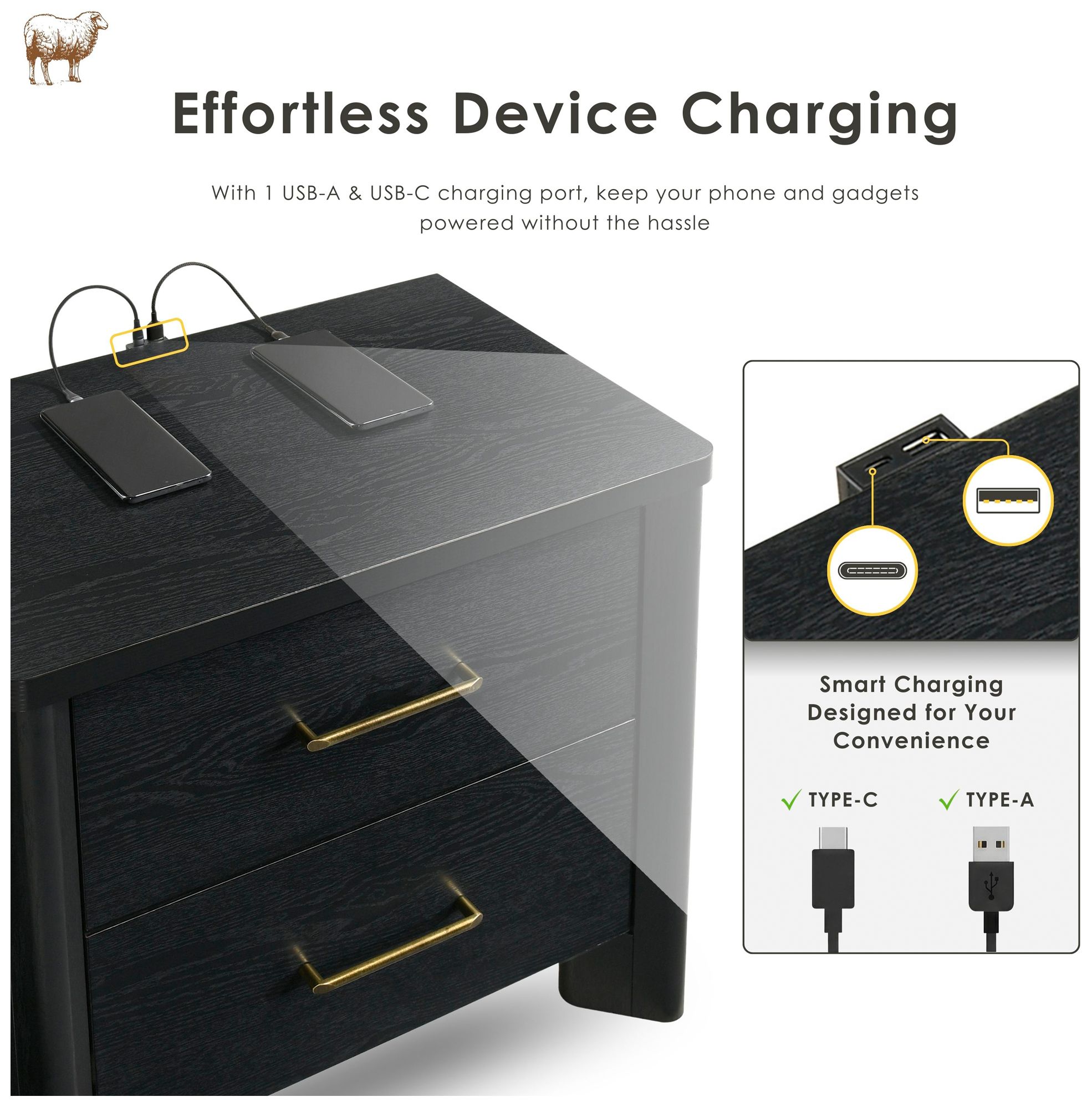 Sofiya 23.4" Wide Black Wood 2-Drawer Nightstand with USB Ports, Set of 2