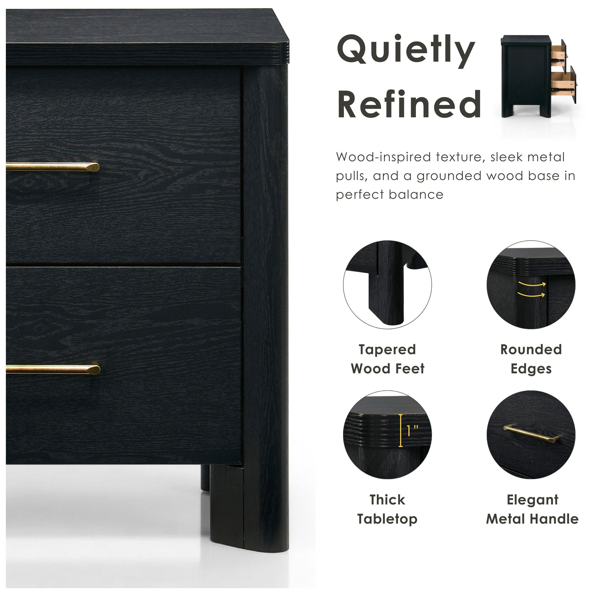 Sofiya 23.4" Wide Black Wood 2-Drawer Nightstand with USB Ports, Set of 2