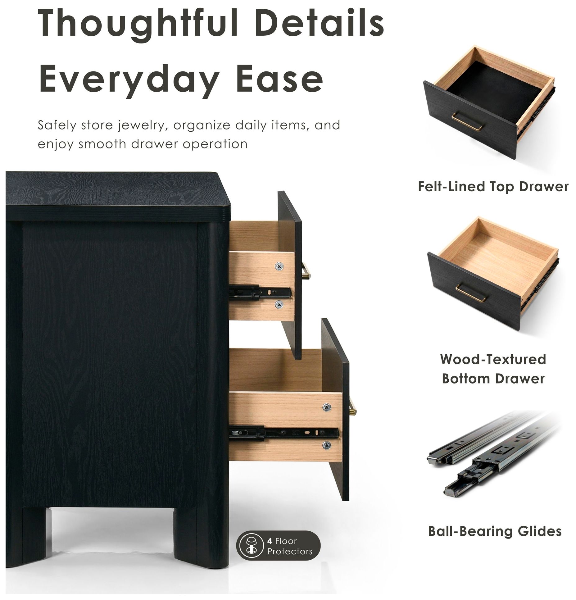 Sofiya 23.4" Wide Black Wood 2-Drawer Nightstand with USB Ports, Set of 2