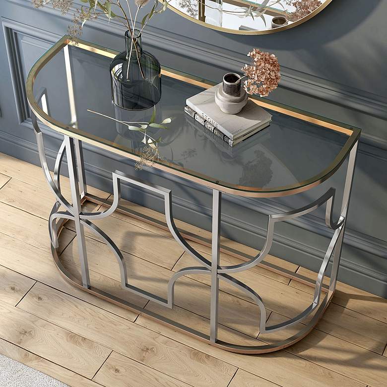 Image 6 Sol 42"W Chrome and Gold Plating Haft-Circle Console Table more views