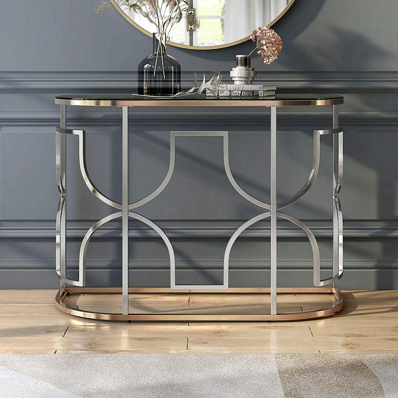 Image 7 Sol 42"W Chrome and Gold Plating Haft-Circle Console Table more views
