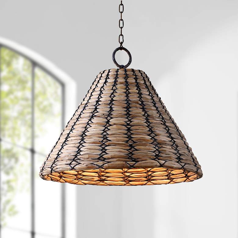 Image 1 Solana 30 inch Wide Bronze White Washed Seagrass Pendant Light