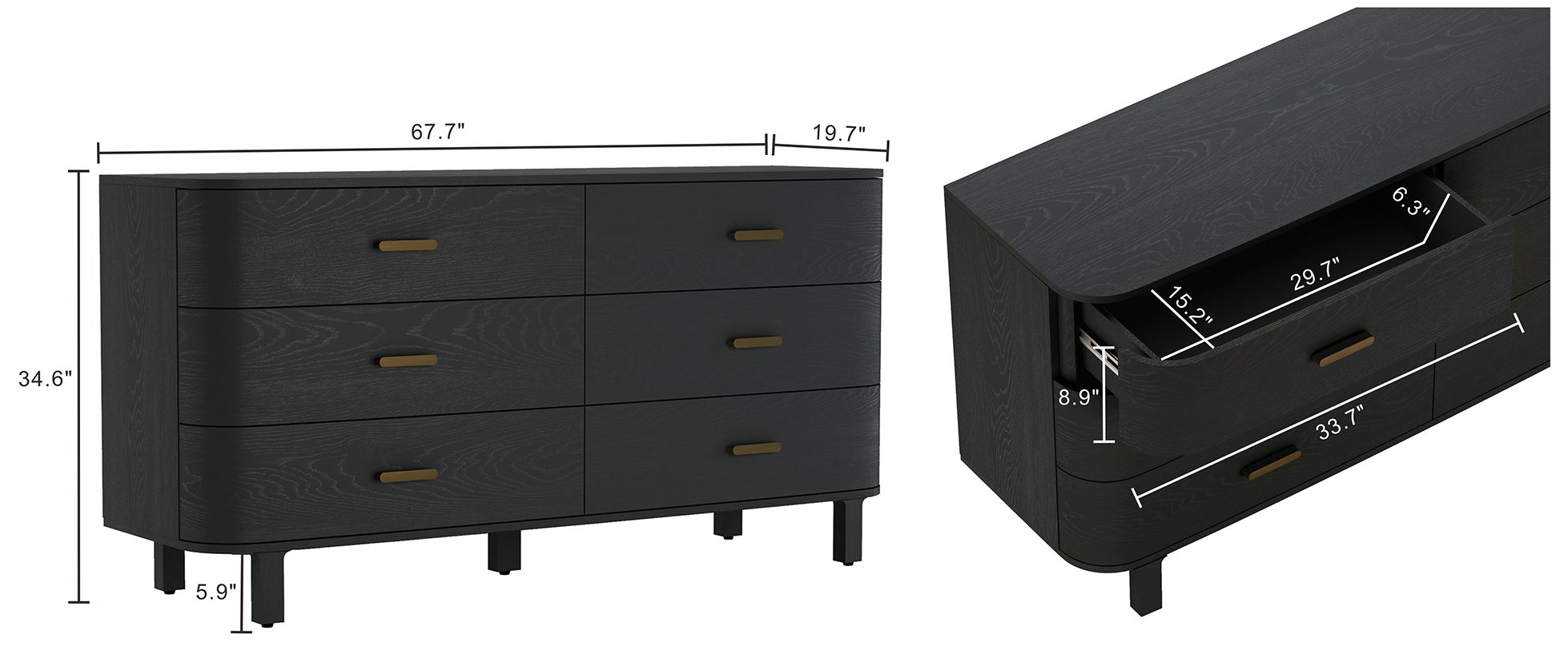 Image 6 Solara Contemporary 3-Piece Dresser and Nightstand in Black more views