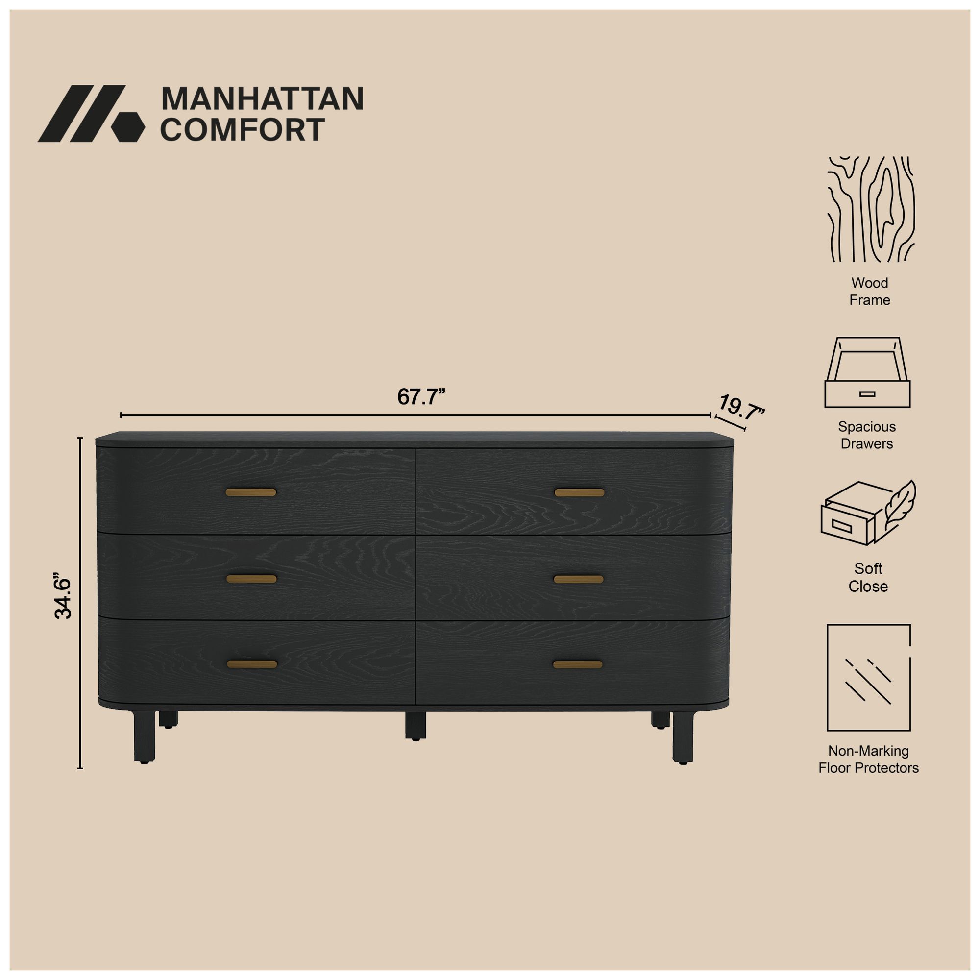 Image 7 Solara Contemporary 3-Piece Dresser and Nightstand in Black more views