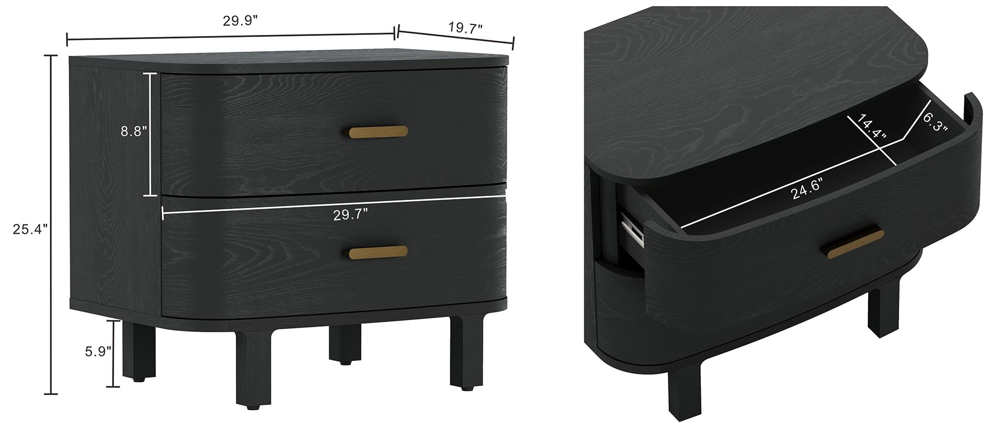 Image 5 Solara Contemporary 30" Solid Wood Nightstand in Black (2-Drawer) more views