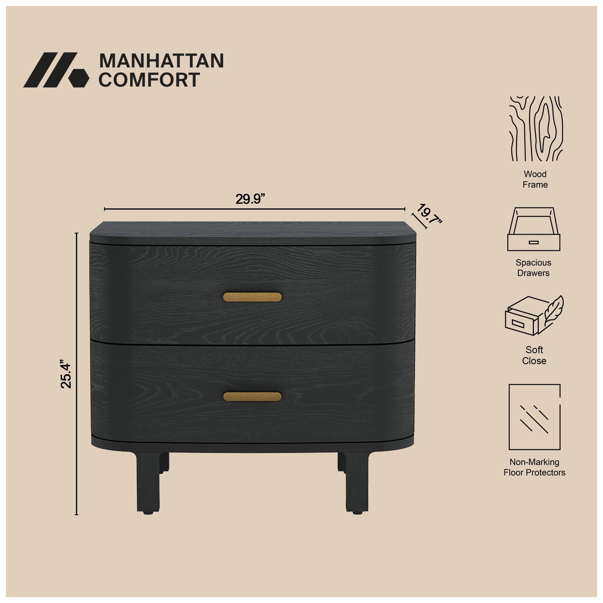 Image 6 Solara Contemporary 30" Solid Wood Nightstand in Black (2-Drawer) more views