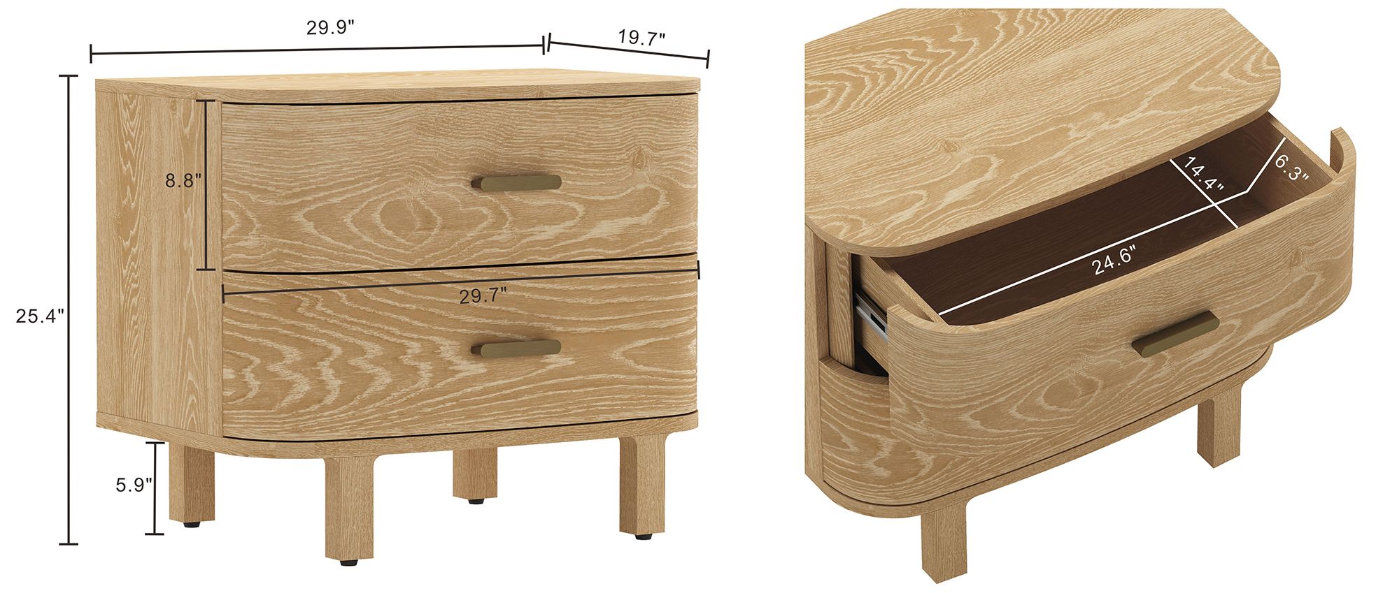 Image 5 Solara Contemporary 30" Solid Wood Nightstand in Natural Oak (2-Drawer) more views