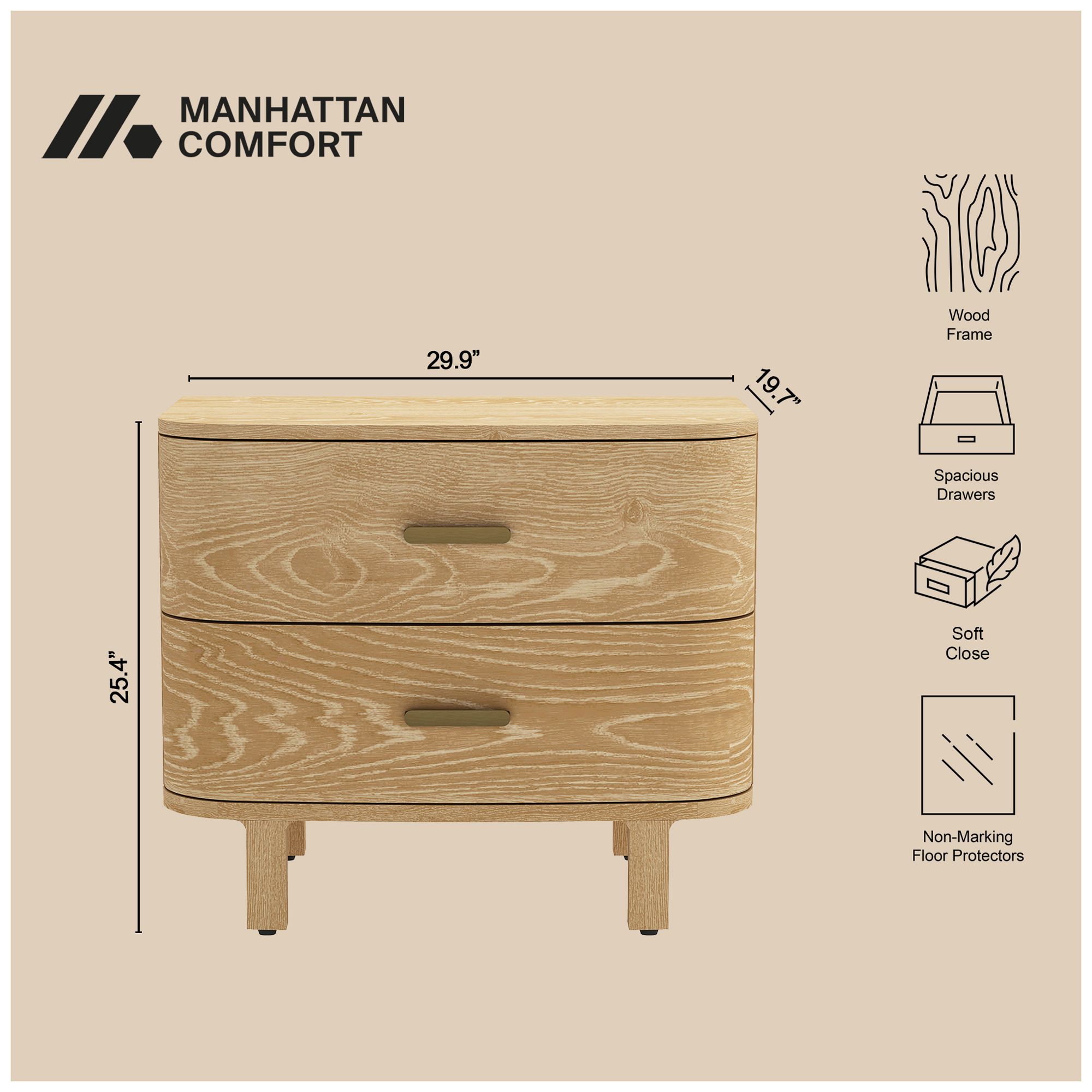 Image 6 Solara Contemporary 30" Solid Wood Nightstand in Natural Oak (2-Drawer) more views