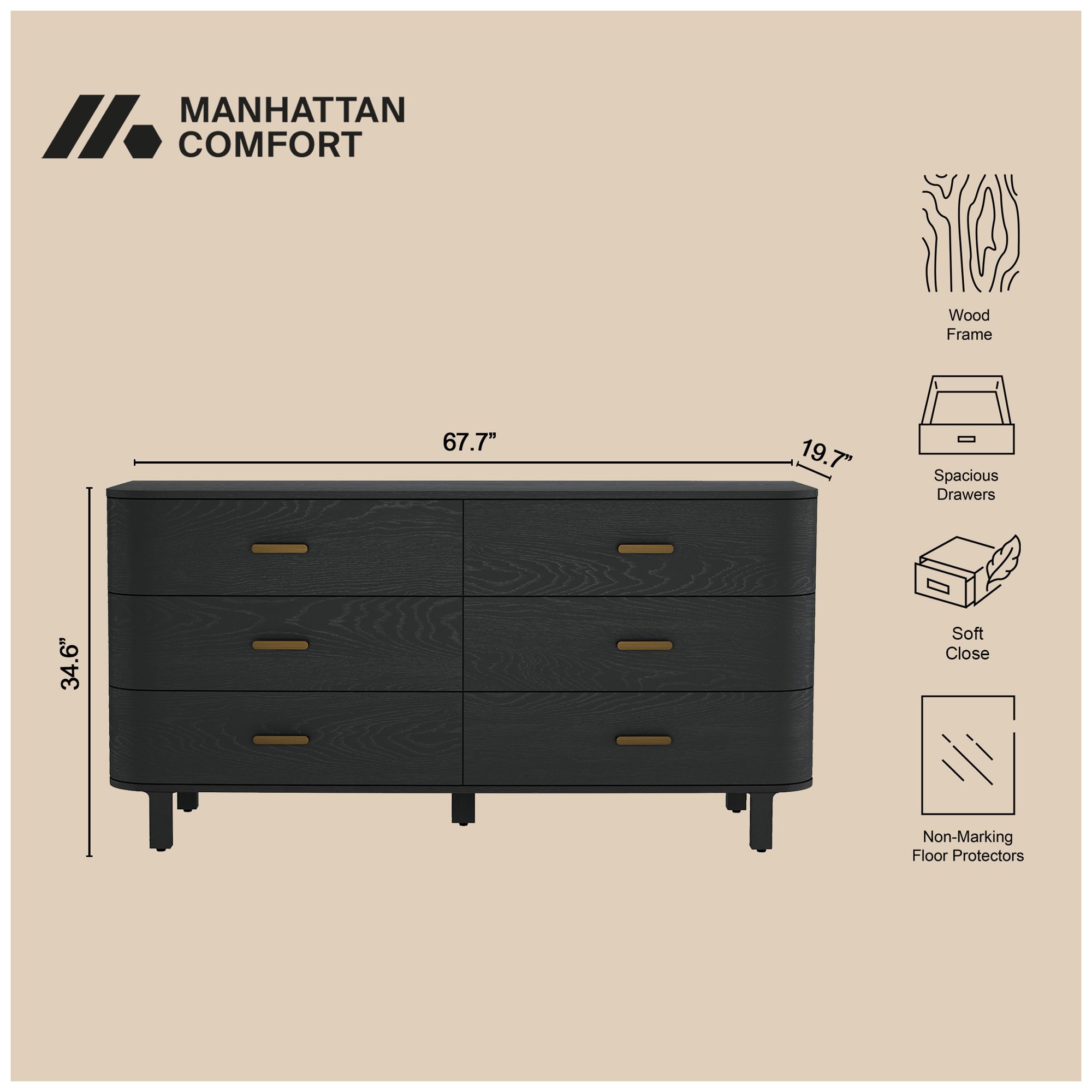 Image 5 Solara Contemporary 68" Solid Wood Dresser in Black (6-Drawer) more views