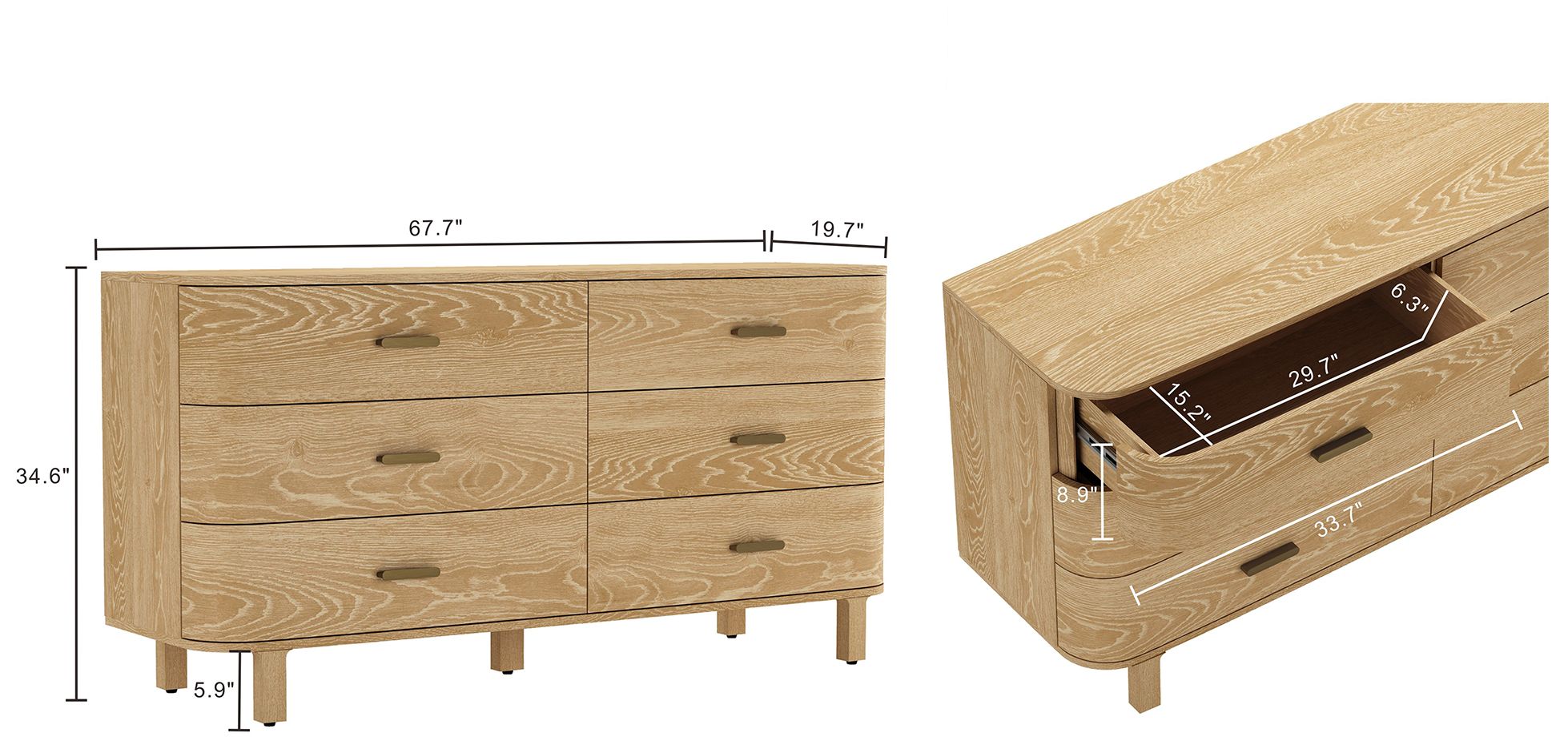 Image 4 Solara Contemporary 68" Solid Wood Dresser in Natural Oak (6-Drawer) more views