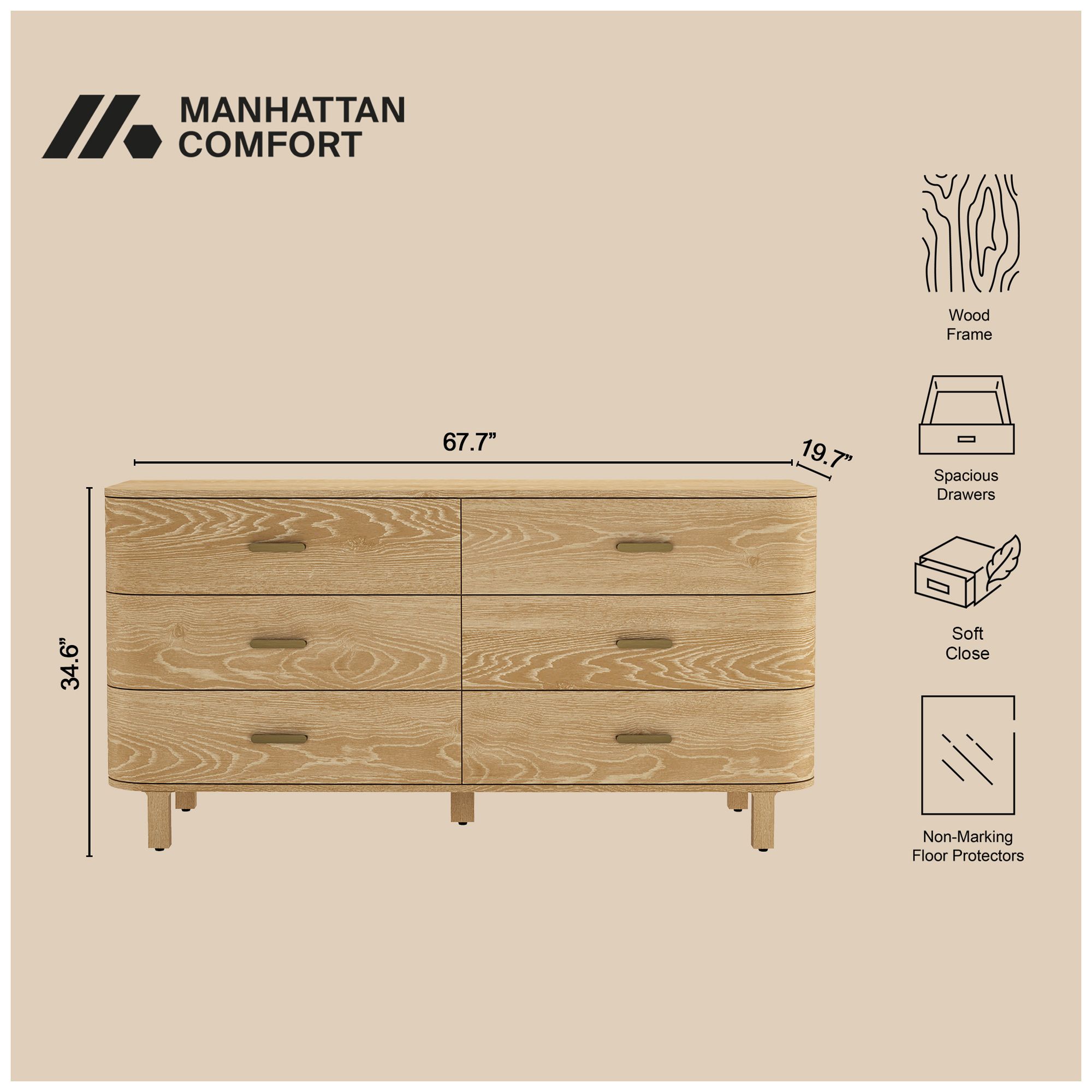 Image 5 Solara Contemporary 68" Solid Wood Dresser in Natural Oak (6-Drawer) more views